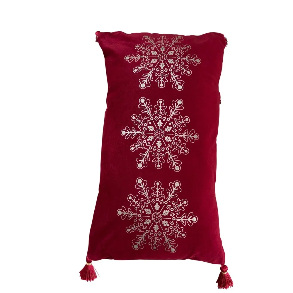 Burgundy Red Velvet Snowflake Lumbar Pillow Silver Metal Tassels 20x12 Holiday